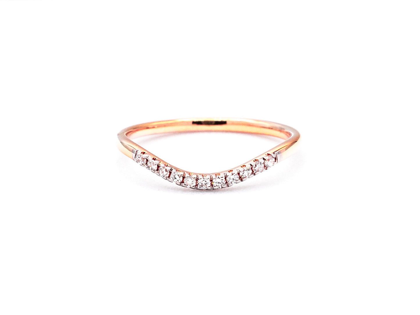 14k rose gold, curved lab diamond ring, front view