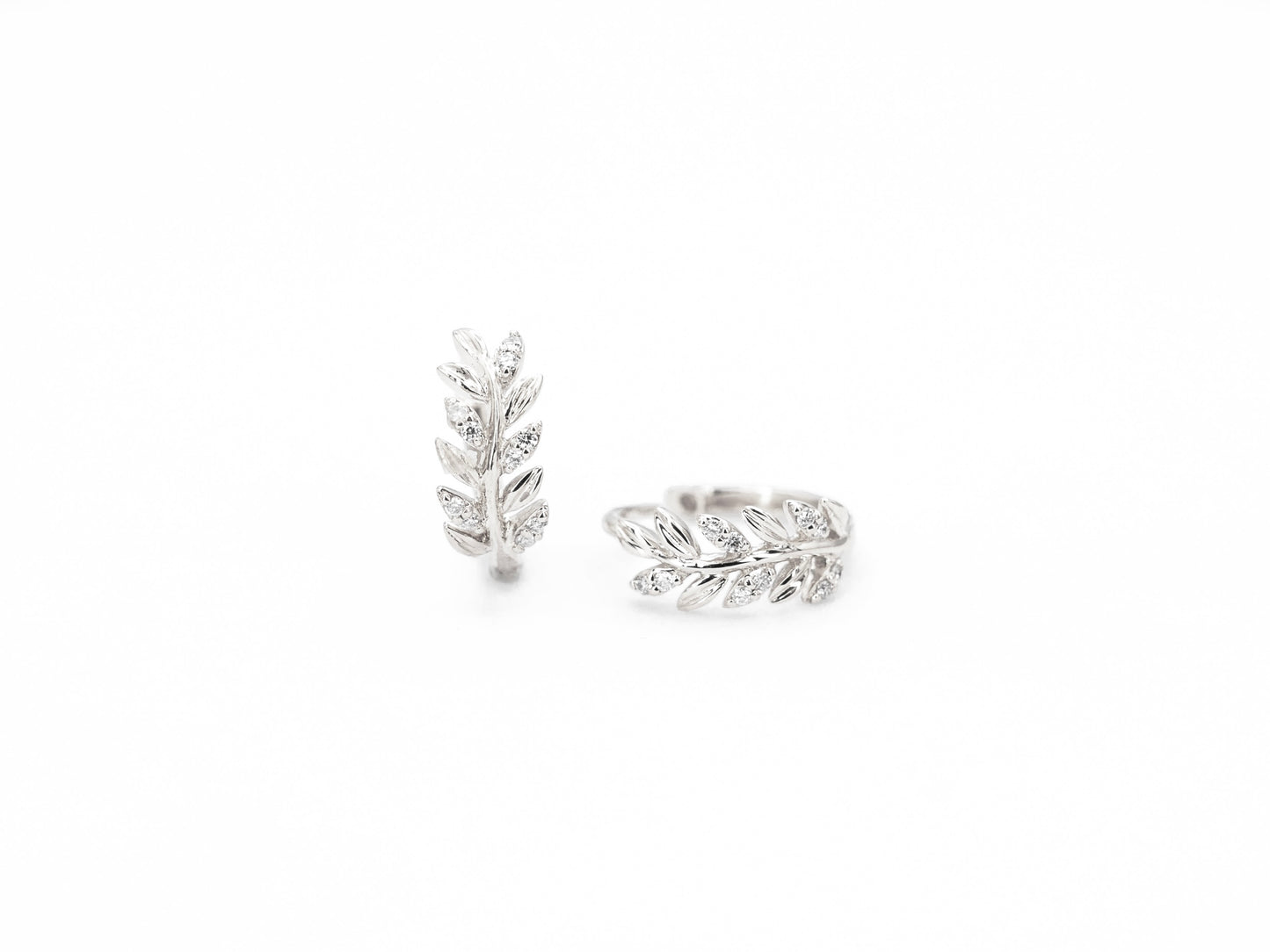 white gold, leaf shaped diamond hoop earrings, front view