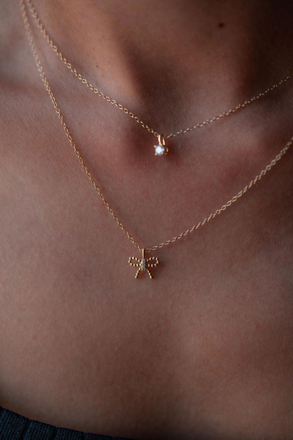 lab grown diamond, beaded bow, 14k gold pendant, front view