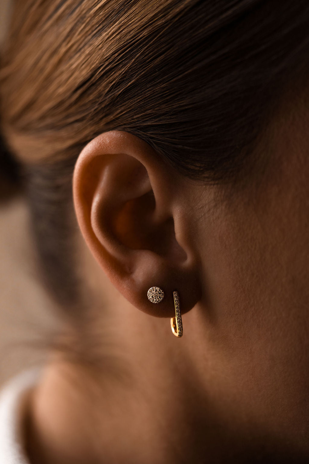 Lab grown diamond U-shaped 14 gold Hoop earrings and pave diamond circle stud earrings