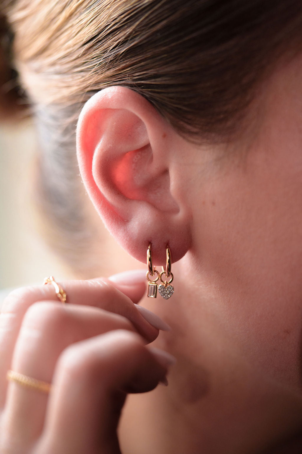 Lab grown diamond pave heart hoop earring charm and bezel baguette diamond hoop earring charm