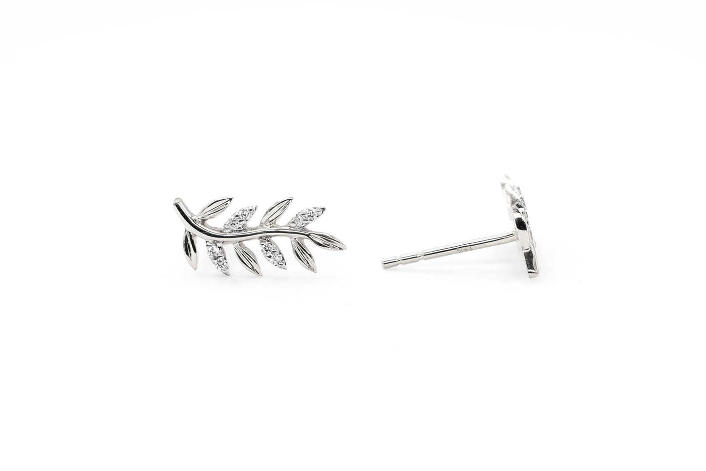 14k white gold, botanical, leaf, lab diamond, stud earrings, front and side view