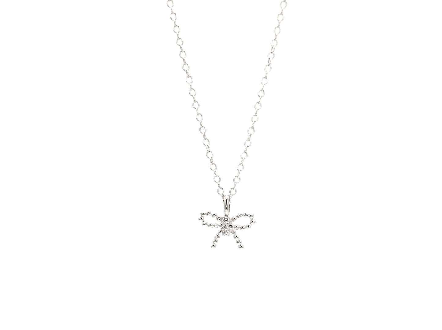 white gold, beaded bow diamond pendant, front view