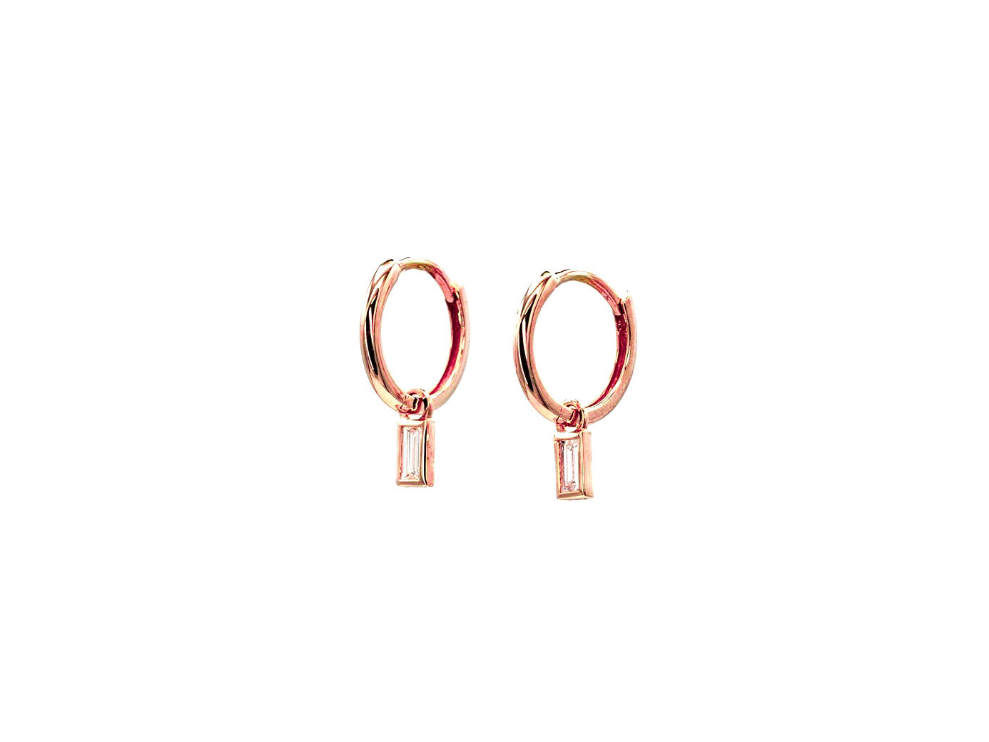 14k rose gold, baguette lab diamond earring charms, side view