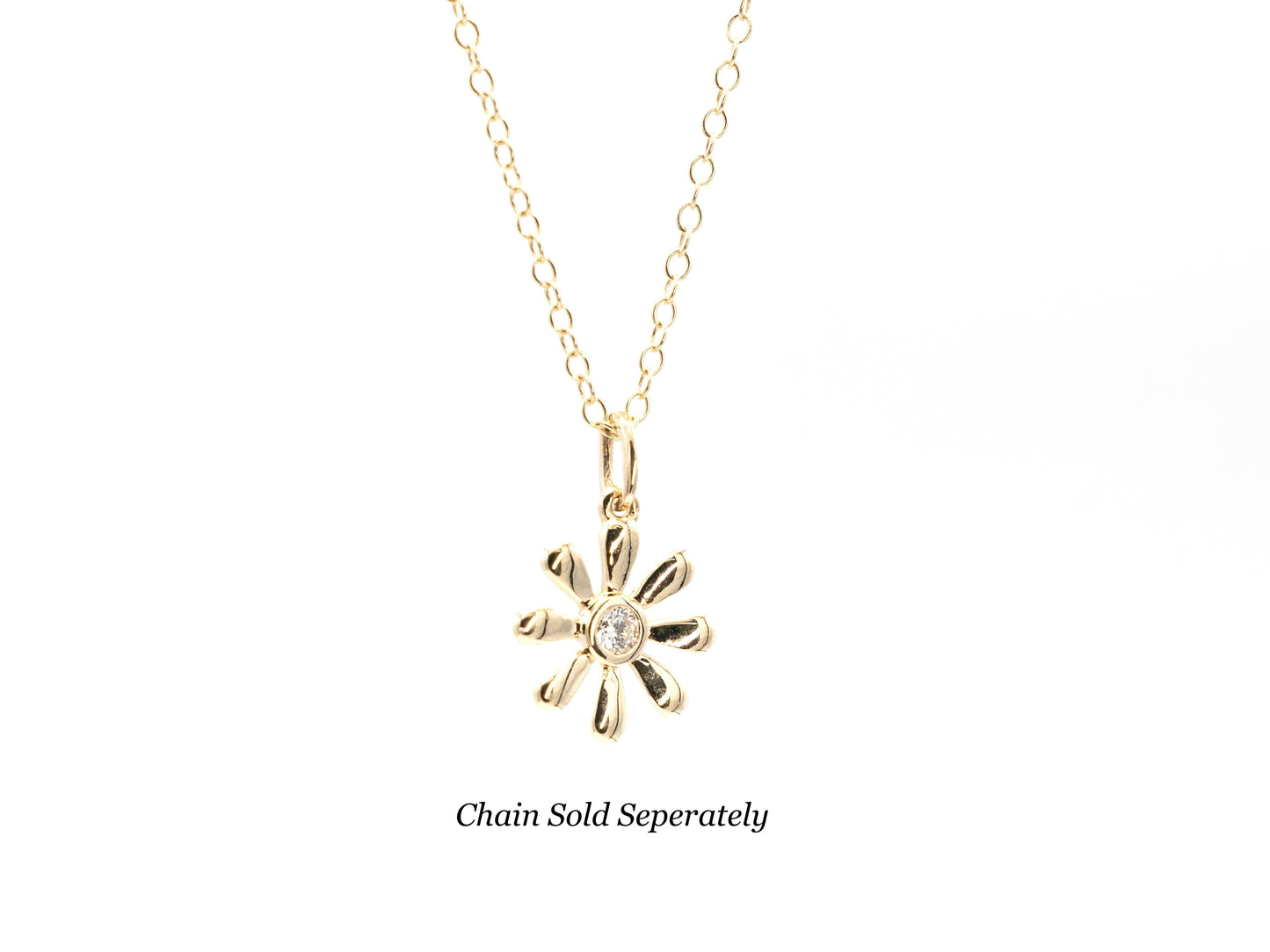 14k yellow gold, lab diamond daisy pendant, front view