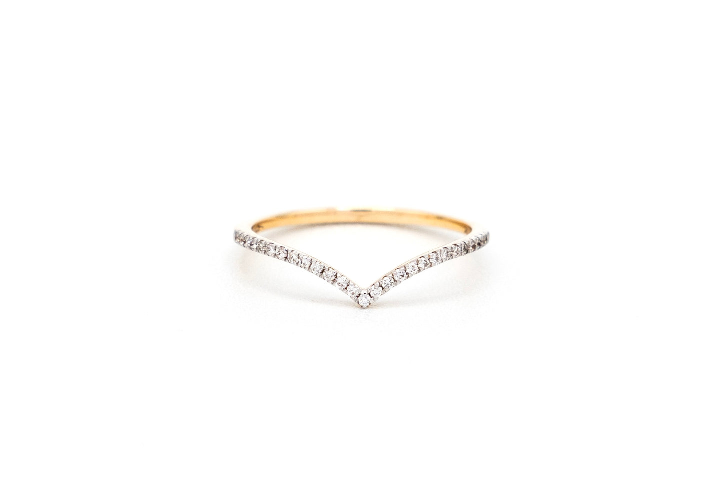 14k yellow gold, pave, lab diamond, stacking ring, v shaped, front view