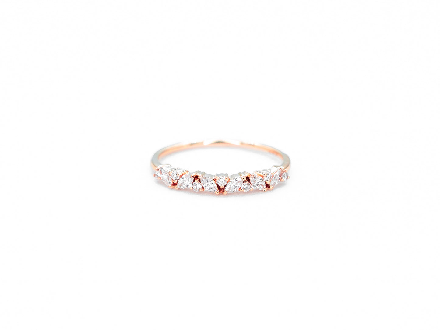 rose gold, marquise and round diamond ring, front view
