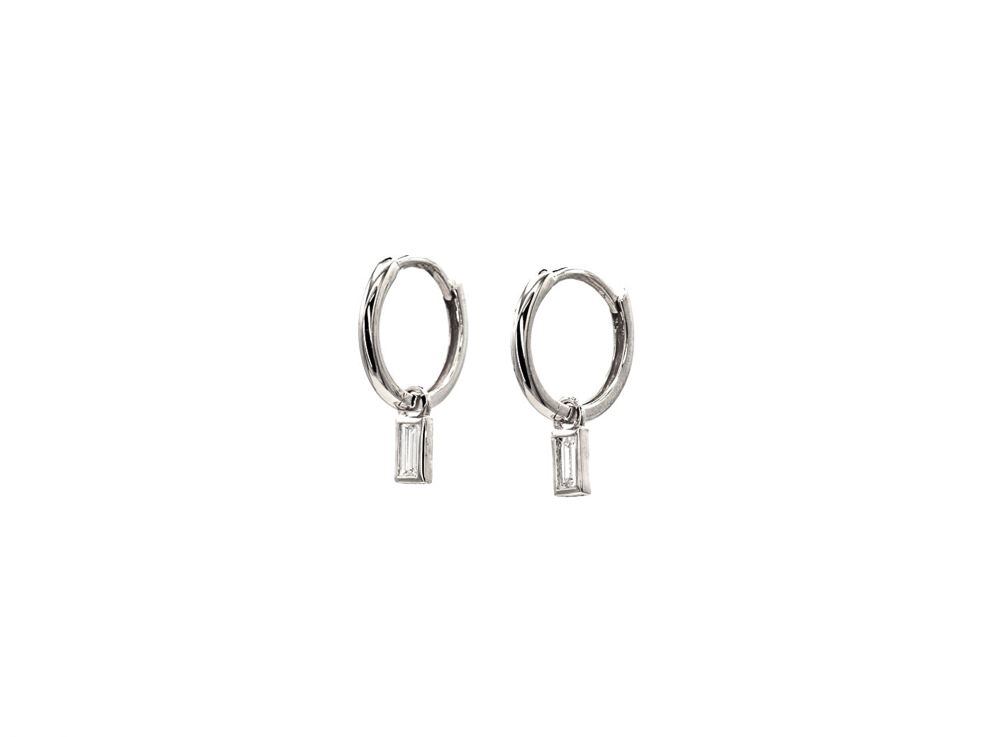 14k white gold, baguette lab diamond earring charms, side view