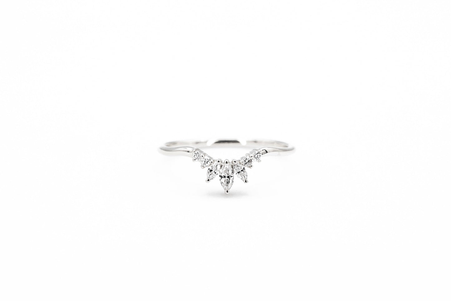 Vintage curved marquise diamond ring in white gold front view