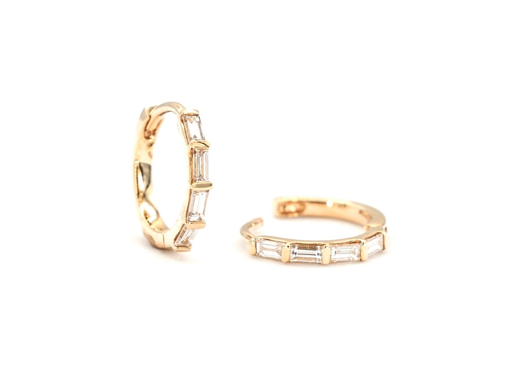 14k yellow gold, baguette lab diamond hoop earrings, front and side view