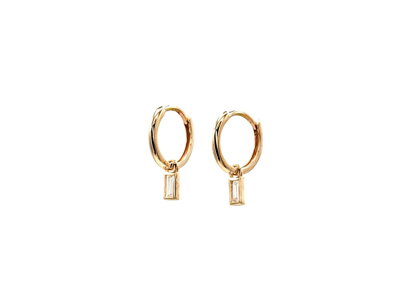 14k yellow gold, baguette lab diamond earring charms on hoop, side view