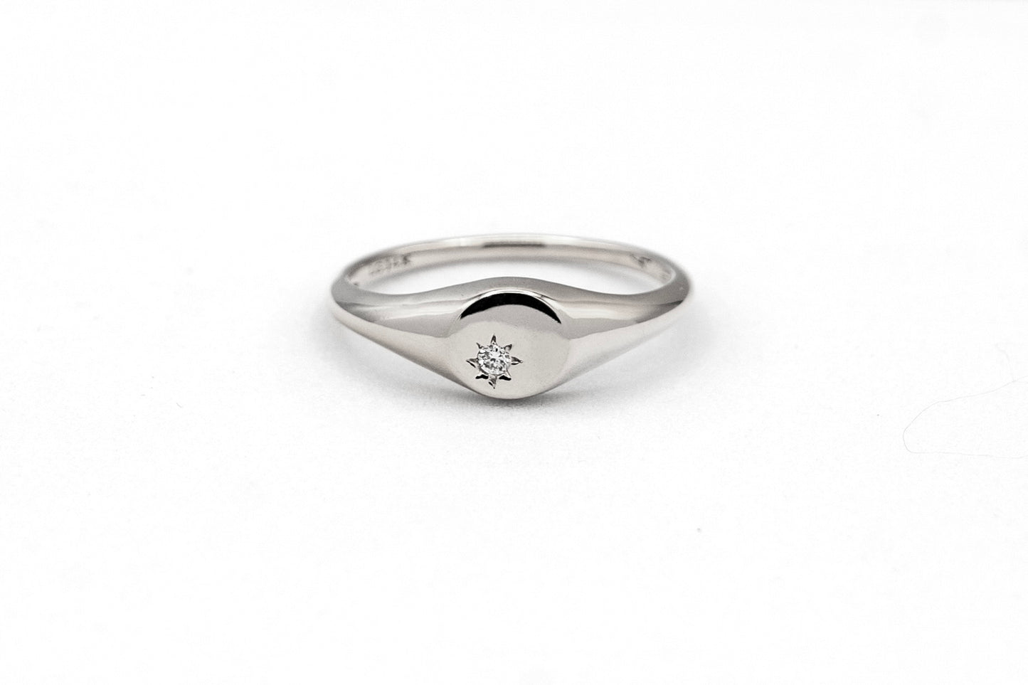 14k white gold, Northstar lab diamond signet ring, front view