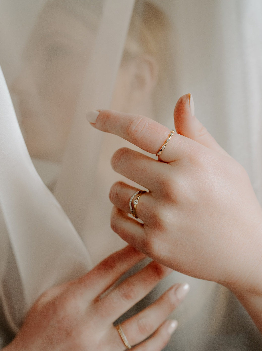 14k yellow gold, lab diamond ring worn on hand, front view