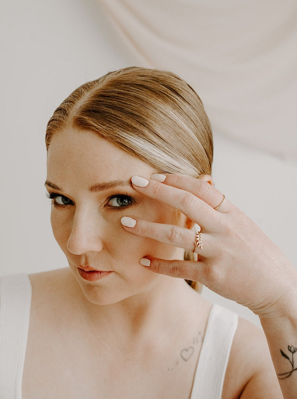 14k yellow gold, botanical leaf, lab diamond, wrap ring, worn on hand, front view