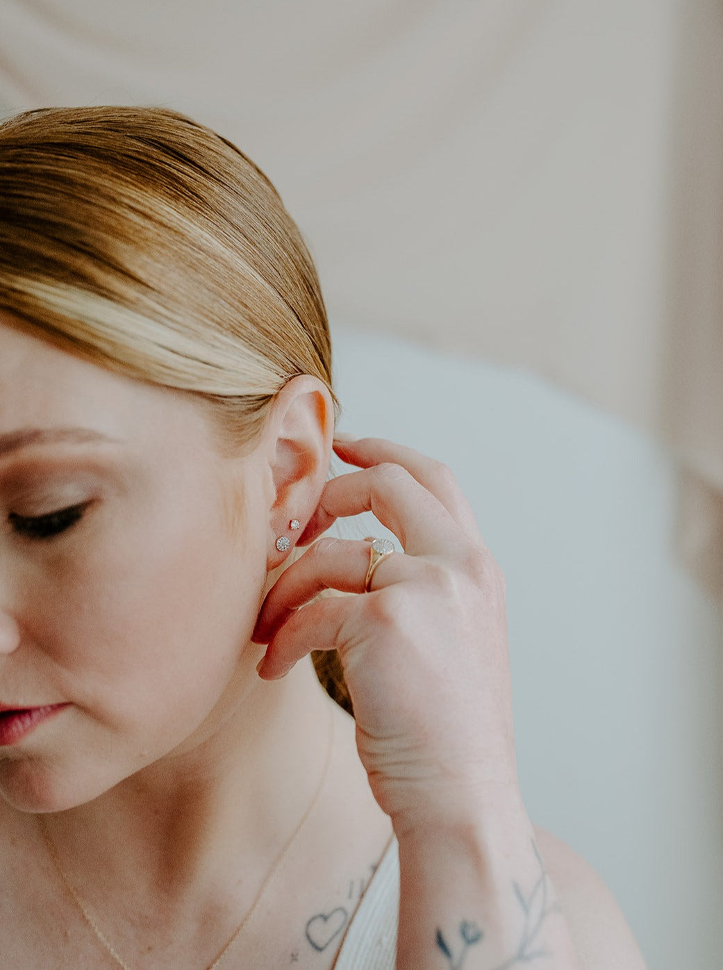 14k yellow gold, pave, lab diamond, cluster, stud earrings, front and side view
