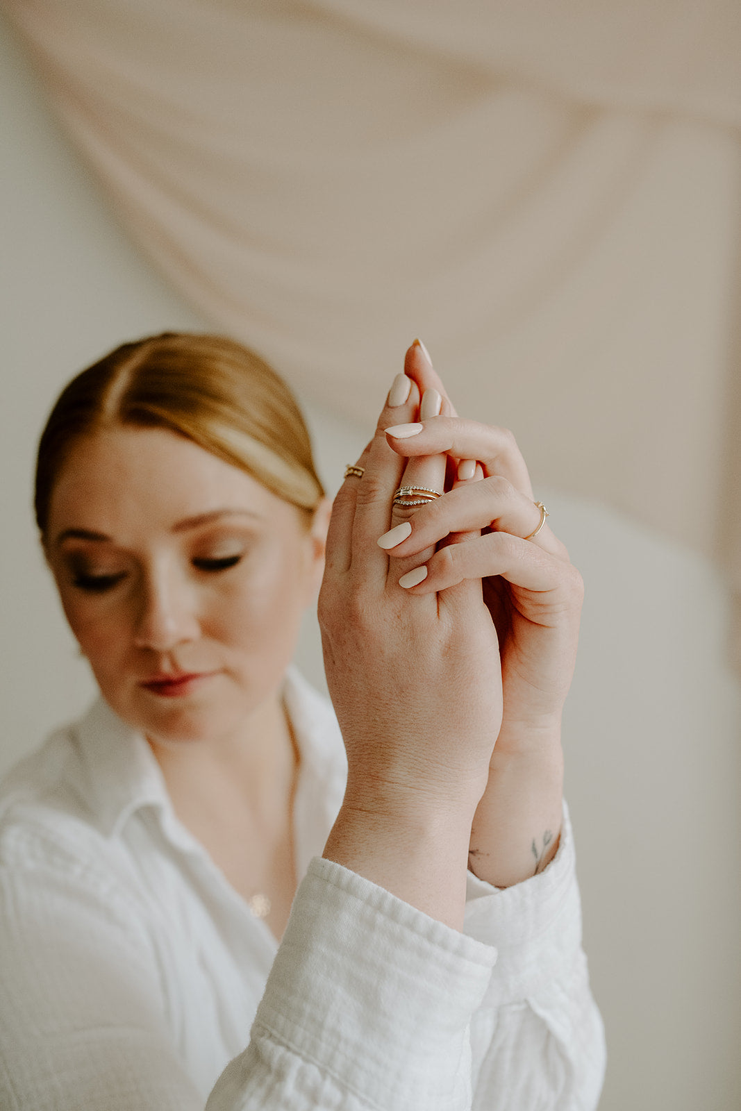 14k yellow gold, lab diamond eternity ring worn on hand, side view
