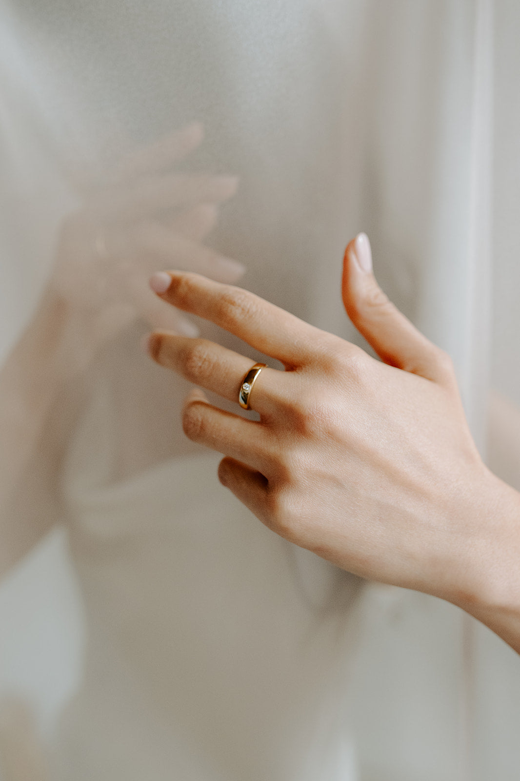 14k yellow gold, lab diamond, dome ring worn on hand, side view