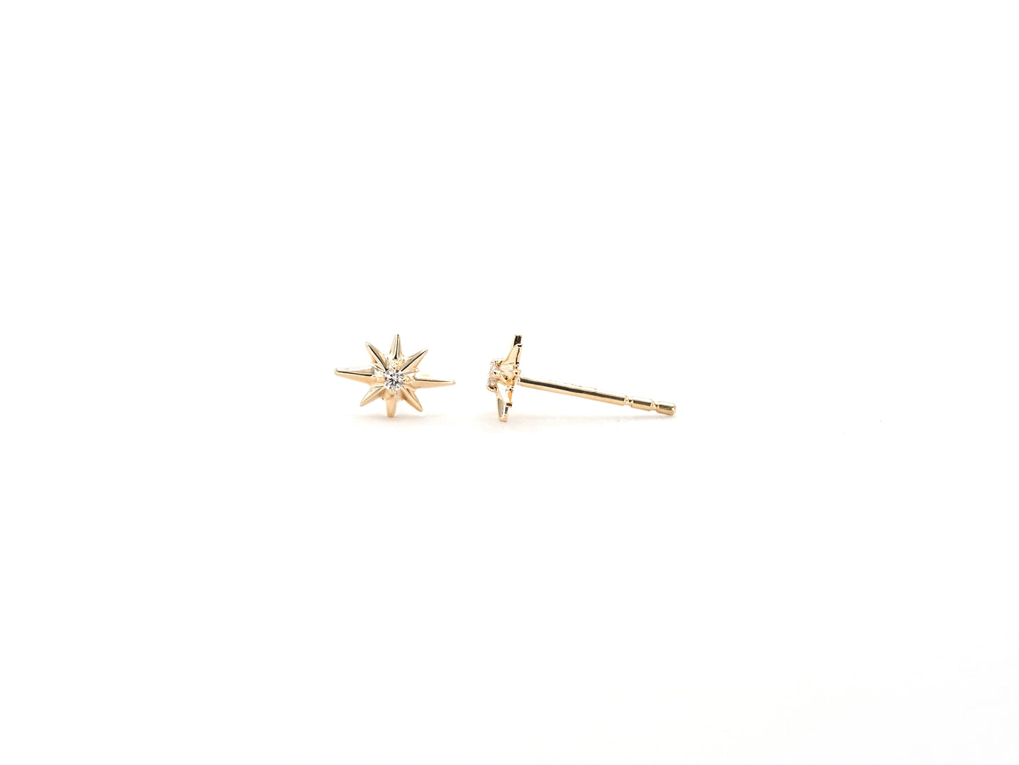14k yellow gold, lab diamond North Star stud earrings, front and side view