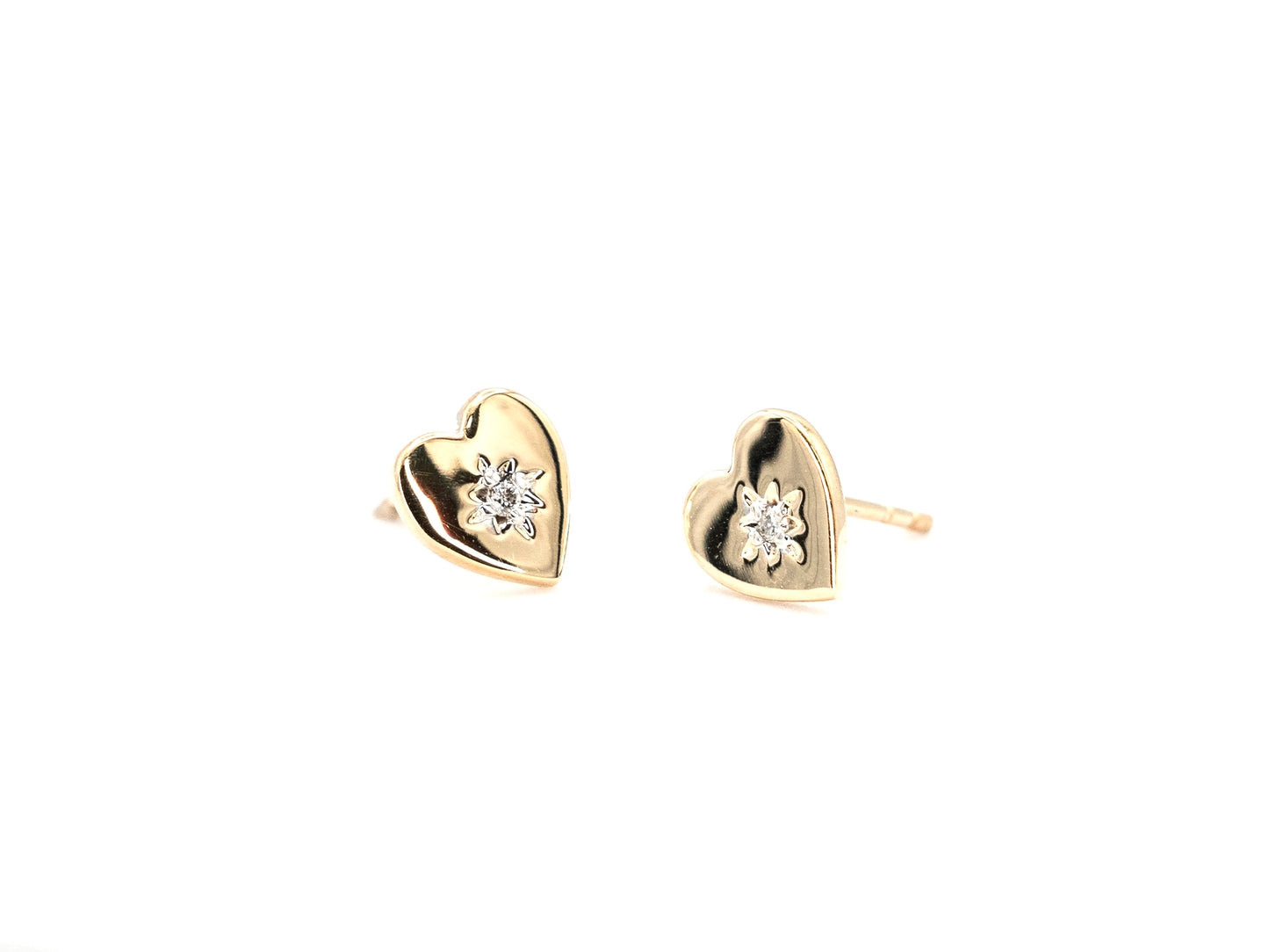 14k yellow gold, lab diamond, Northstar heart stud earrings, front and side view
