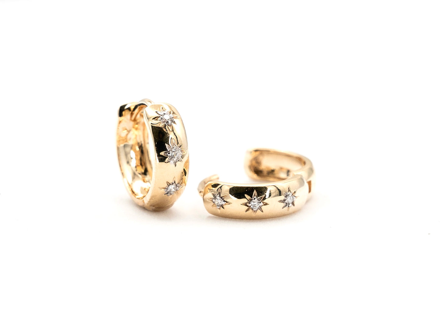 14k yellow gold, lab diamond North Star hoop earrings, front and side view