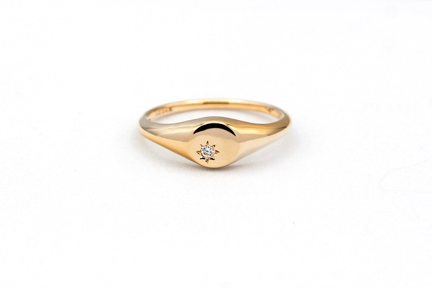 14k yellow gold, Northstar lab diamond signet ring, front view