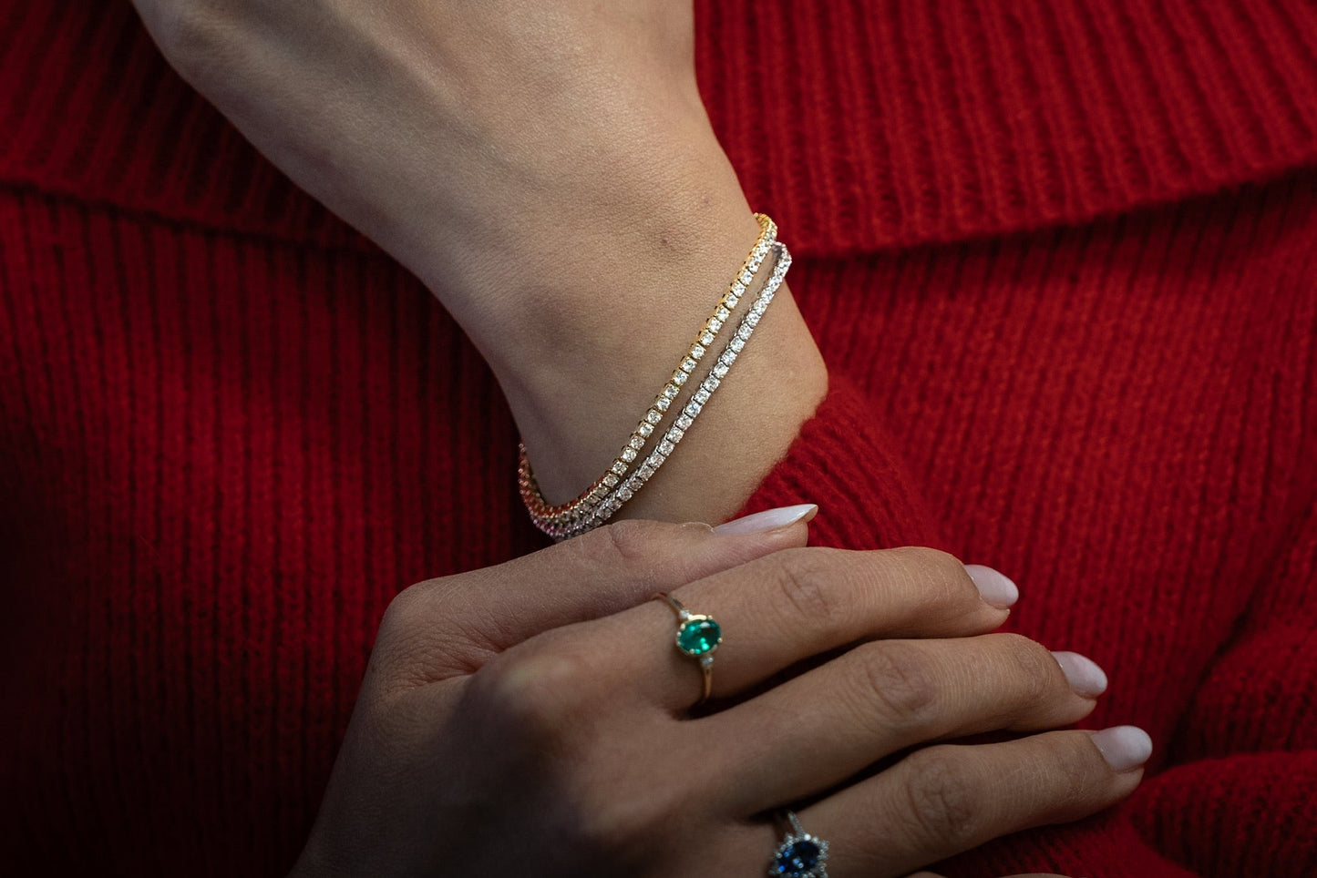 4 carat yellow and white gold diamond tennis bracelets being worn on angle