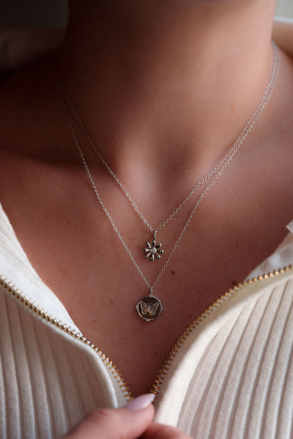 14k yellow gold, lab diamond daisy pendant, front view, worn on neck