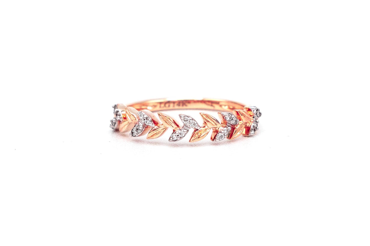 14k rose gold, botanical, leaf, lab diamond, ring, front view