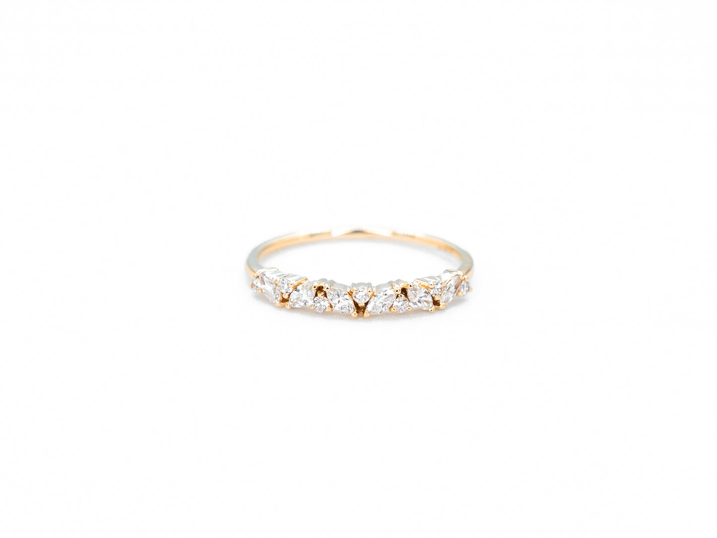yellow gold, marquise and round diamond ring, front view