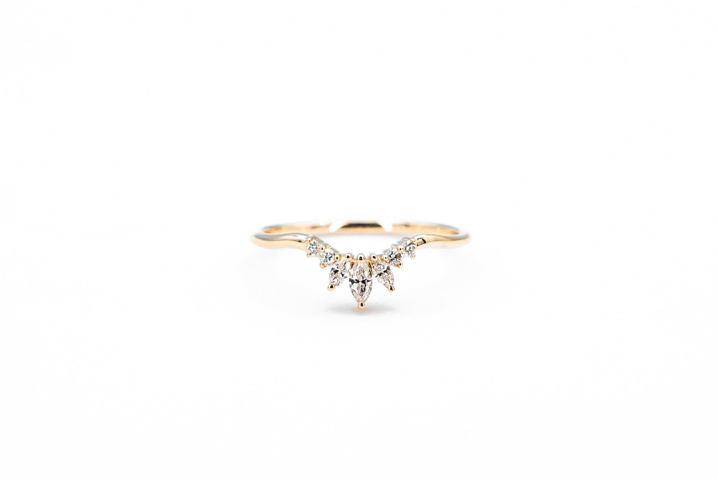 Vintage curved marquise diamond ring in yellow gold front view