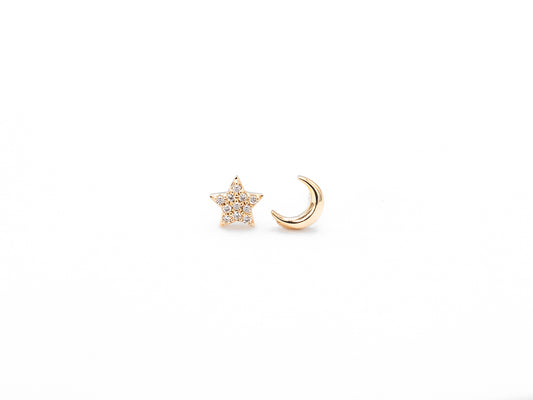 Yellow gold moon and star diamond stud earrings, front view