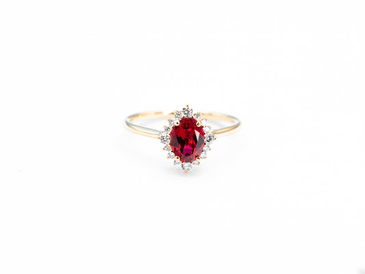 Vintage oval ruby and diamond yellow gold ring, front view