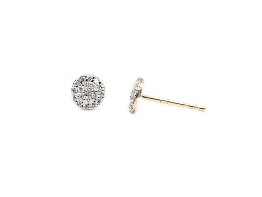 14k yellow gold, pave, lab diamond, cluster, stud earrings, front and side view