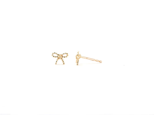 14k yellow gold, beaded bow stud earrings, front and side view