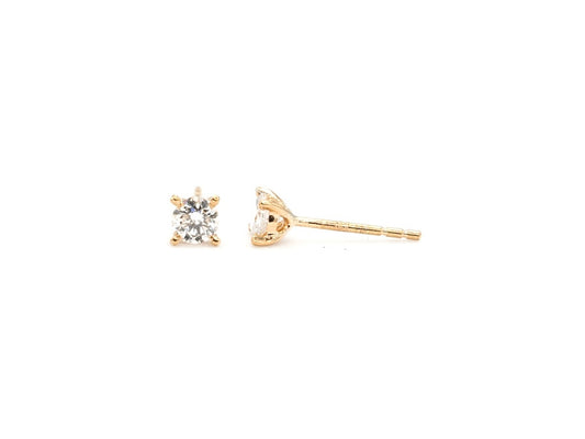 14k yellow gold, stud earrings, solitaire, lab diamond, front and side view