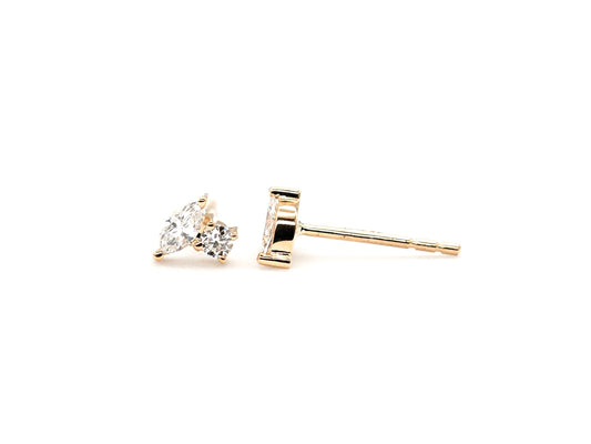 14k yellow gold, lab diamond, top et moi, stud earrings, front and side view