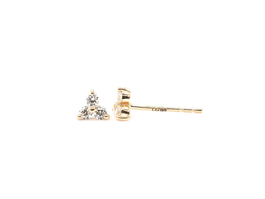 14k yellow gold, lab diamond, stud earrings, triple stone, front and side view