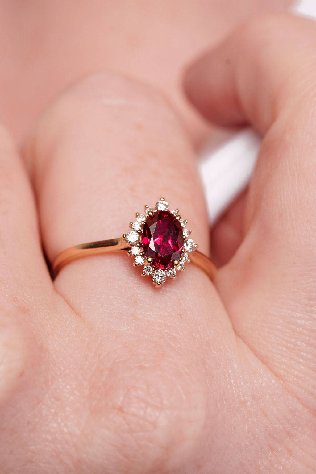 Vintage Inspired Oval Ruby With Diamond Surround Ring