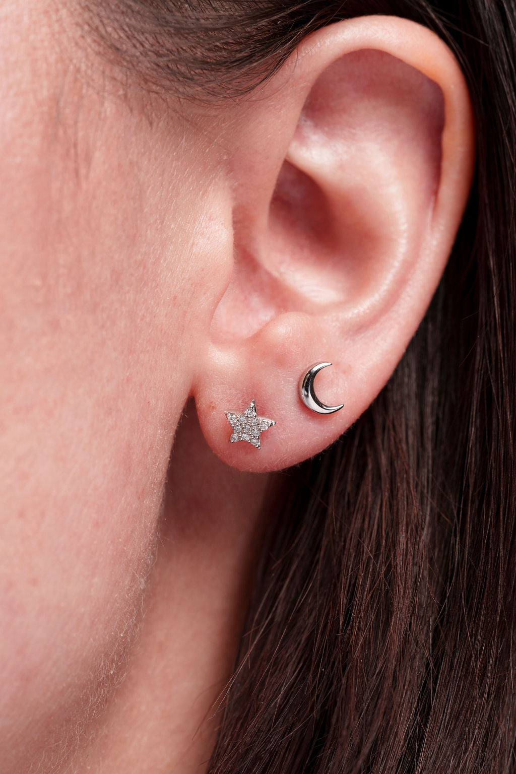 Moon and Star Diamond Stud Earring