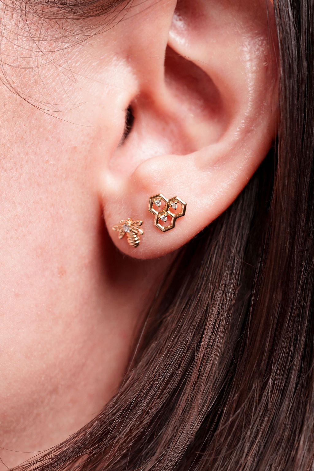 Bee and Honey Comb Diamond Stud Earrings