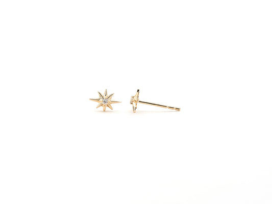 14k yellow gold, lab diamond North Star stud earrings, front and side view