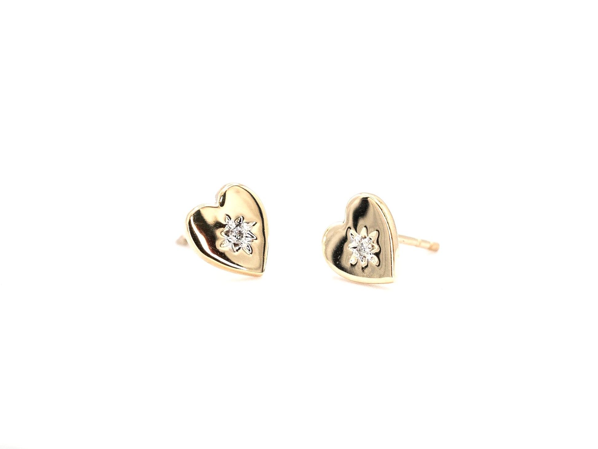 14k yellow gold, lab diamond, Northstar heart stud earrings, front and side view