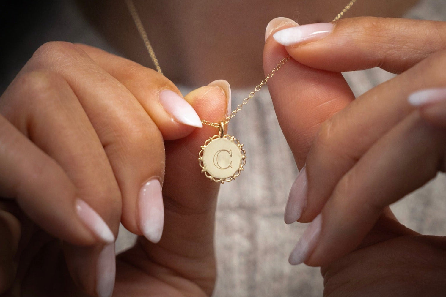 Solid gold vintage inspired personalized circle pendant