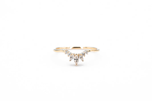 Vintage curved marquise diamond ring in yellow gold front view